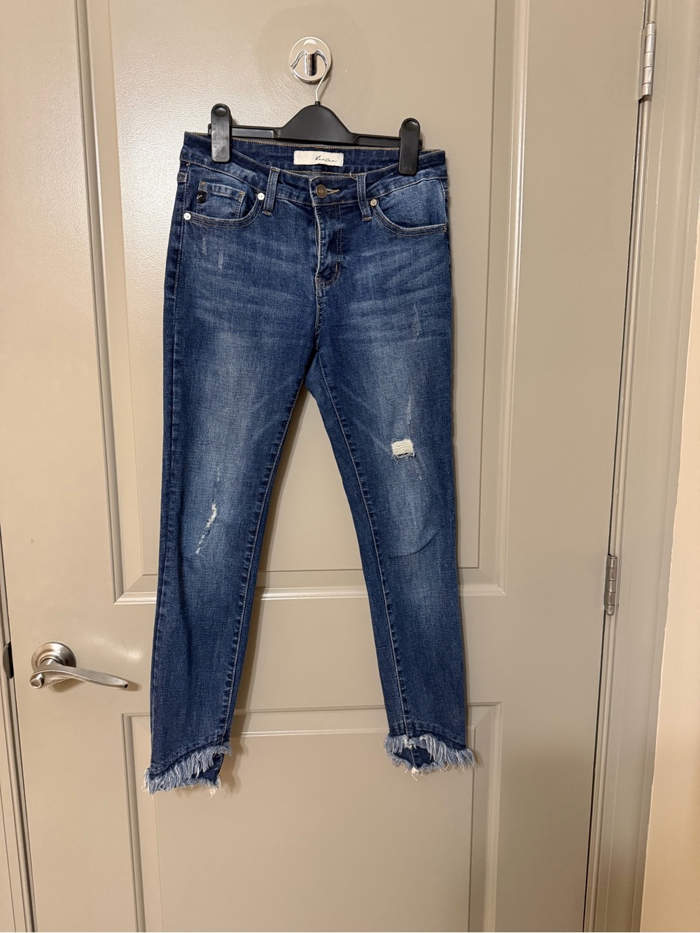 KanCan Dark Blue Distressed Cropped Jeans with Frayed Hem